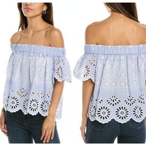 Sea New York Off Shoulder Eyelet Top Size 2 Blue White Stripe Scallop Hem Boho